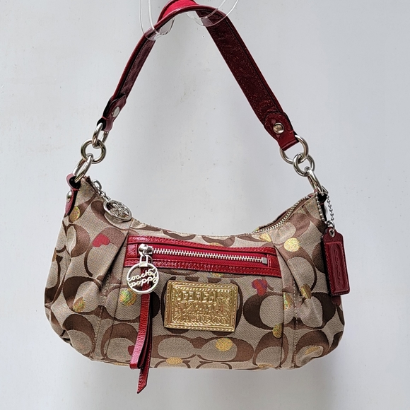 Coach Poppy Monogram Gold Sparkle Dots. Red Hearts &Trim Bag - Picture 6 of 16